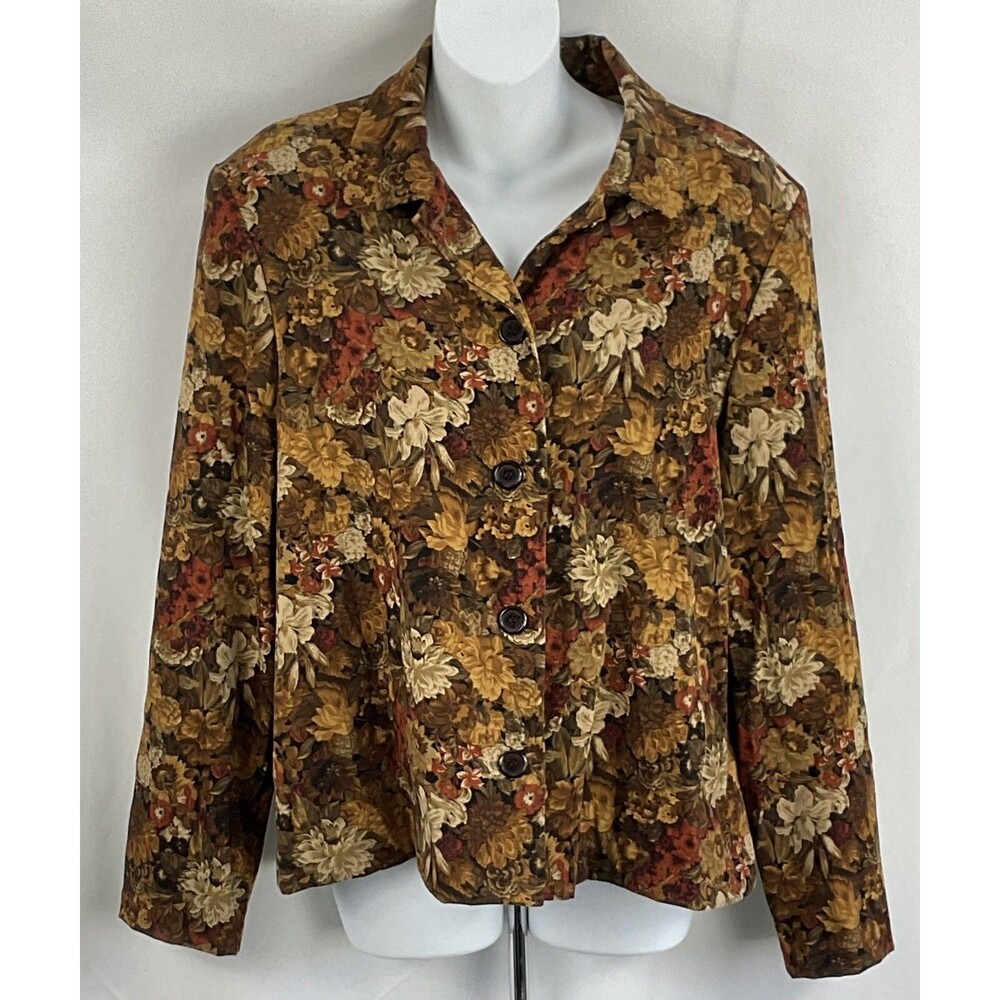 Vintage Shacket Top M Brown Floral Colorful Button Up Cottagecore Hippie Boho